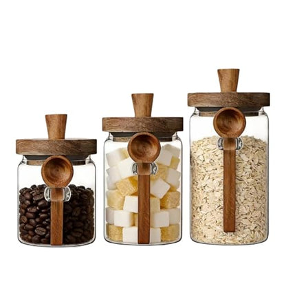ANSQU Glass Jars with Wooden Lids and Spoons (13.5oz/20.3oz/27oz), Set of 3 Glass Food Storage Containers Coffee Jar Coffee Grounds Container, Glass Food Storage Canisters - size: 13.5oz/20.3oz/27oz-3pack (φ3.54")