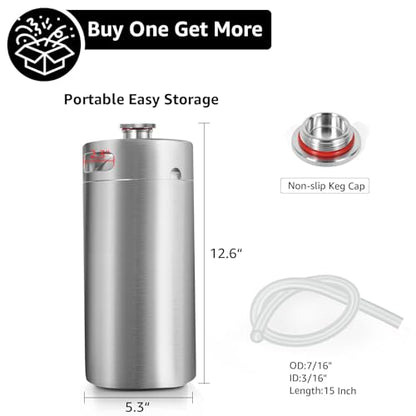 Mini Keg Growler, 128OZ Stainless Steel Mini Keg, Portable Mini Kegerator Beer Keg Growler with Beer Hose & Seal knob Cover, Pressurized Growler Mini Beer Growler for Homebrew Party Picnic - color: Silvey