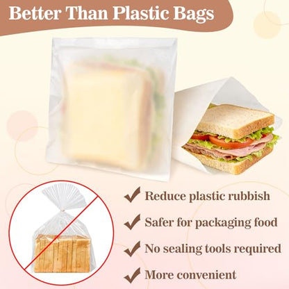 MAQIHAN 100 Paper Sandwich Bags - 8"x8" Wax Paper Lunch Bags, White Cookie Glassine Bags for Food Take Out, Cookie Sleeves, Food Packaging for Bread, Toaster, Bagel, Pastry, Treat, Snack, Soaps - size: 8x8"