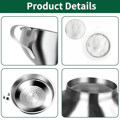 7-Piece Stainless Steel Canning Funnel Kit – Wide Mouth Mason Jar Funnels with 100/200 Mesh Strainers, Removable Filter Tip & Sponge Brushes
