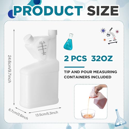 2 Pcs 32oz Tip Measure Containers Tip and Pour Measuring Containers HDPE Chemical Measuring Cups with Lids Plastic Bottle, up to 4oz Capacity (32oz)