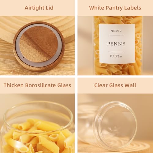 3 Pack Glass Canisters with Airtight Acacia Lids and 132 Kitchen Pantey Labels Preprint - 45 Fl Oz Borosilicate Glass Pantry Storage Jars Containers with Wooden Lids for Tea,Sugar,Cookie,Coffee,Nuts - size: 45oz-3 Pack