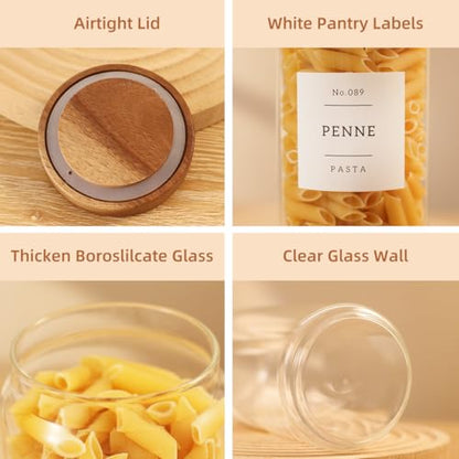 3 Pack Glass Canisters with Airtight Acacia Lids and 132 Kitchen Pantey Labels Preprint - 45 Fl Oz Borosilicate Glass Pantry Storage Jars Containers with Wooden Lids for Tea,Sugar,Cookie,Coffee,Nuts - size: 45oz-3 Pack