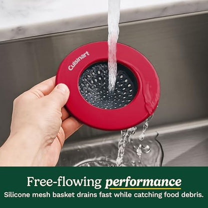 Cuisinart Sink Strainers- 2 Pack Kitchen Sink Drain Strainer & Food Catcher with Enamel-Coated Stainless Steel Rim and Silicone Base, Fits Standard 3.5" Drains, Outer Diameter 4.35", Scratch-Safe - color: Red