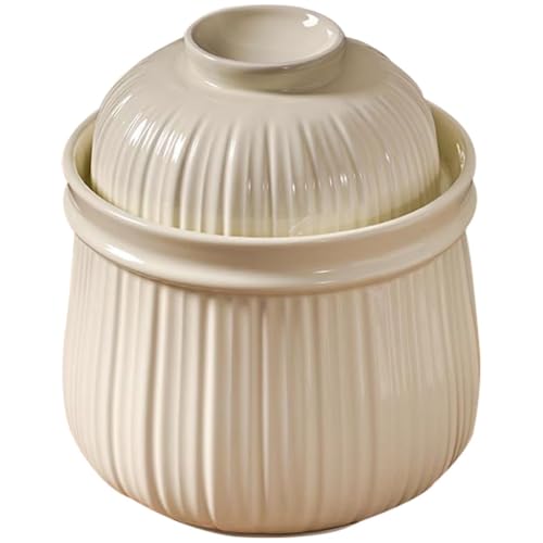 Simple Vertical Striped Kimchi Jar, Water Seal Design Pickling Crock, Thickened Ceramic Fermentation Jar, Grain Storage Vessel
