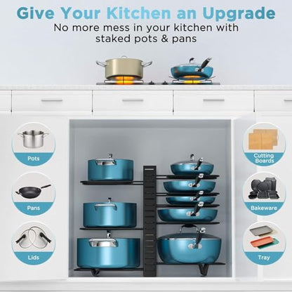 ORDORA Pots and Pans Organizer for Cabinet 16.61 Height 2 Pack, 8 Tier Pot Organizers Rack with 3 DIY Methods, Adjustable Pan Organizer under Cabinet Kitchen Organization and Storage - style: M-16.61"H-LightDuty-2Pack