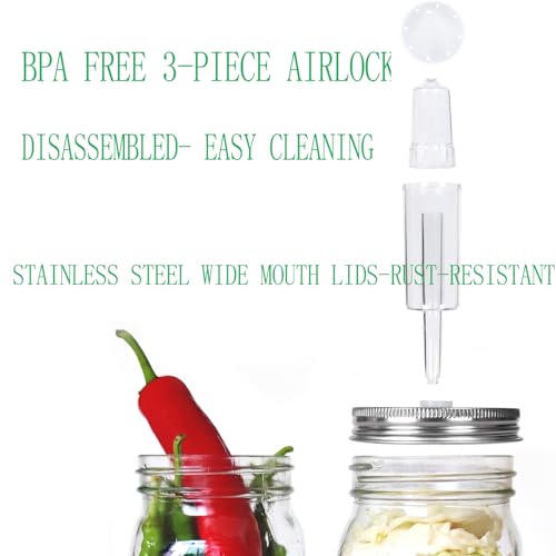 Complete Mason Jar Fermentation Kit - Sauerkraut Pounder + 4pc Glass Weights + 4pc water airlocks Easy Wide Mouth Jars Vegetable Fermenting Set -Suitable for 86MM mason jar (Jars Not Included)