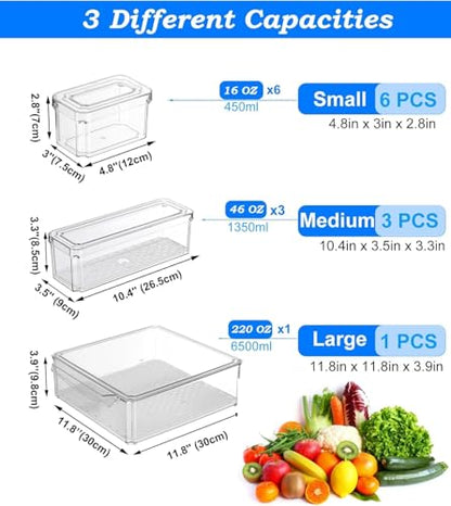 Pure Future 10-Pack Clear Fridge Organizer Containers with Lids, Stackable BPA-Free Refrigerator & Produce Storage Containers with Drain Tray & Anti-Slip Base for Fruits, Veggies & Drinks