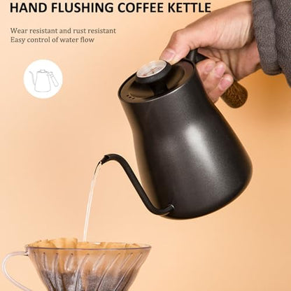 Coffee Kettle, 850ml Stainless Steel Gooseneck Teapot, Wooden Handle Kettle with Thermometer & Long Spout, Ideal for Home, Travel & Office Brewing