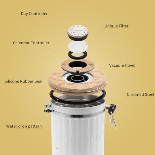 TEDSWAIT Coffee Container with Sealed Cantilever Lid and Scoop, Airtight Stainless Steel Kitchen Food Storage Canister with Date Tracker, 1.8L(White) - color: White