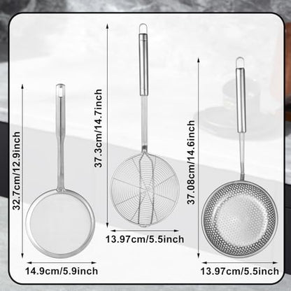 Spider Strainer & Skimmer Spoon Set, 3-Piece Stainless Steel Ladle Metal Wire Sieve Large Holes Slotted Colander Fryer Scoop Fine Mesh Strainers with Long Handle, Food Sifter for Kitchen Cooking