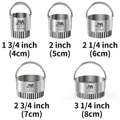 Fluted cookie cutter Set 1.75inch 2inch 2.25inch 2.75inch 3.25inch, Stainless Steel Round Biscuit Cutters with Handle, Wave Cookies Cutter with Fluted Edge, Baking Dough Tools, 5pcs GIFT - style: 5pcs Ripple with Handle(1.75-3.25in)