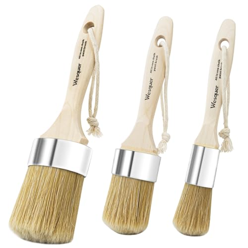 Wesquer Chalk Paint Brush Natural Bristle Round Paint Brush Wax Brushes for Waxing Furniture, Painting Stencil, Home Decor, DIY Art Crafts, Watercolor, Graffiti Creation - 3Pack