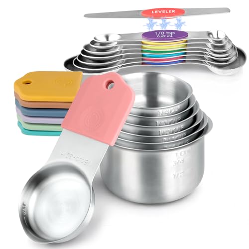Magnetic Measuring Cups & Spoons Set, Patented, Strong N45 Magnets, Heavy Duty Stainless Steel Fits in Spice Jars for Baking & Cooking, Round Set of 15 with Leveler Colorful - color: Colorful