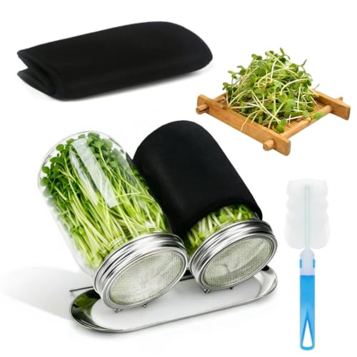 2Pack Sprouting Kit with Stainless Steel Screen Sprouting Lids, Glass Mason Jars, Light-Blocking Sleeves and Brush, Premium Reusable Sprouts Growing Kit for Organic Broccoli Alfalfa Seeds Bean Sprouts