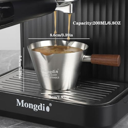 Mongdio Espresso Measuring Cup, Stainless Steel Espresso Shot Cups with Wooden Handle and Double Spouts, 6.8OZ/200ML, Silver - color: Silver, size: 6.8oz