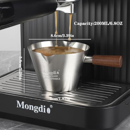 Mongdio 2 Pcs Espresso Measuring Cup, Stainless Steel Espresso Shot Cups with Wooden Handle and Double Spouts, 6.8OZ/200ML, Silver - color: Silver 2 pcs, size: 6.8oz