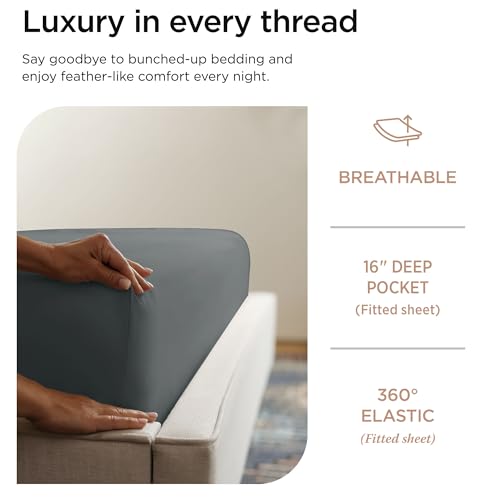 Threadmill 100% Cotton Sheets for King Size Bed - 600 Thread Count King Bed Sheets Set with 16” Deep Pocket - Sateen Weave 4-Piece Bedding Set with Cooling Effect, Dark Grey - color: Dark Grey Solid, size: King