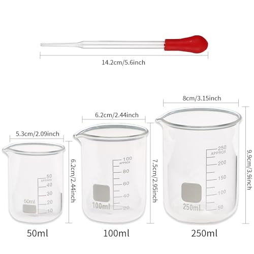 SUPERLELE Glass Graduated Cylinder Set 10ml 25ml 50ml 100ml, Thick Glass Beaker Set 50ml 100ml 250ml with 2 Droppers