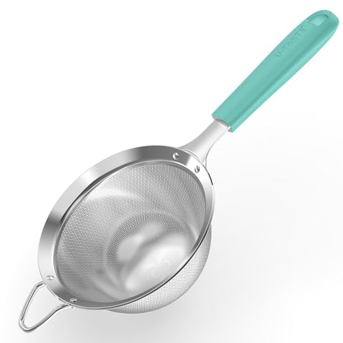 U-Taste Medium Fine Mesh Strainer: 18/8 Stainless Steel 4.73in 30 Mesh Kitchen Food Sieve with Sturdy Riveted Silicone Handle, Heavy Duty Deep Handheld Metal Colander for Rice, Quinoa, Flour(Aqua Sky) - color: (1) Aqua Sky, size: M-4.73in