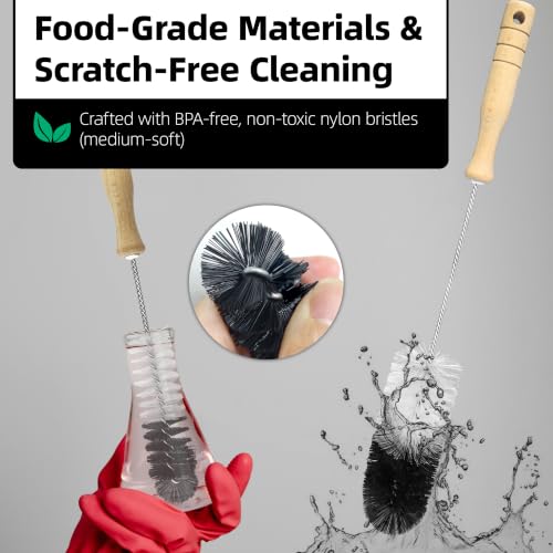 2 Pcs Bottle Brushes Set with Wooden Handle, Long Thin Flexible Bendable Flexible Cleaner for Narrow Neck Bottles, Water/Wine/Beer/Baby Bottles, Pipes, Tubes, Hoses, Teapots - Bendable
