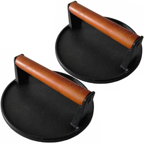 Firsgrill 2-Pack Burger Press 7.08" Round,Heavy-Duty Cast Iron Smash Burger Press Meat Steak with Wood Handle for Blackstone Camp Chef Pitboss Weber Griddle Grills (2 Round) - size: 2 Round