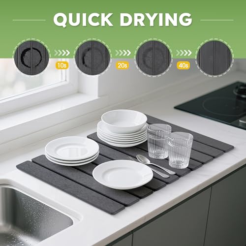 HABUTWAY Large Stone Dish Drying Mat for Kitchen Counter – 24"×16" Collapsible Diatomaceous Earth Mat, Ultra Absorbent & Quick Dry, Foldable Drying Pad for Dishes, Bottles, Cups (Dark Grey) - color: Dark Gray