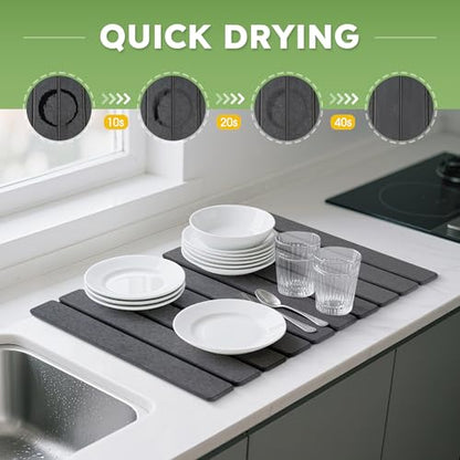 HABUTWAY Large Stone Dish Drying Mat for Kitchen Counter – 24"×16" Collapsible Diatomaceous Earth Mat, Ultra Absorbent & Quick Dry, Foldable Drying Pad for Dishes, Bottles, Cups (Dark Grey) - color: Dark Gray