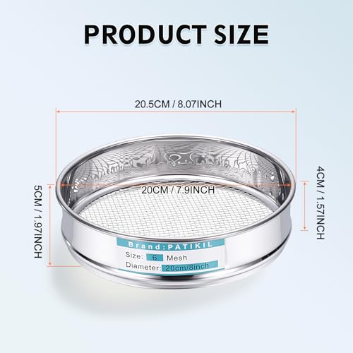 PATIKIL 6 Mesh(3.2mm) Lab Sieve, 7.9"(20cm) Diameter Sifting Screen 304 Stainless Steel Wire Cloth Fine Mesh Sieve for Industrial Laboratory Home Soil Sifter Dry Sift Screens Hash - size: 6 Mesh(3.2mm)/7.9"
