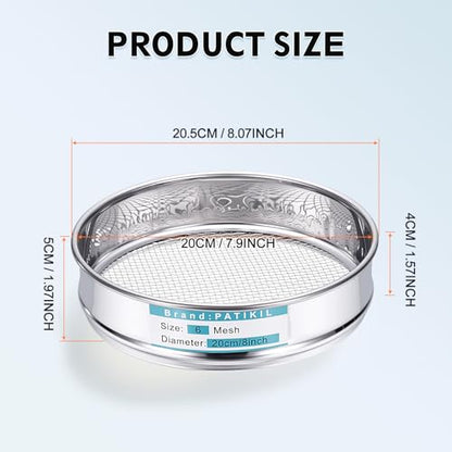 PATIKIL 6 Mesh(3.2mm) Lab Sieve, 7.9"(20cm) Diameter Sifting Screen 304 Stainless Steel Wire Cloth Fine Mesh Sieve for Industrial Laboratory Home Soil Sifter Dry Sift Screens Hash - size: 6 Mesh(3.2mm)/7.9"