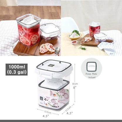 Pickle keeper Press Plate Food Storage Container Organizer for Kimchi Sauerkraut Fermentaion Airtight Lid Locking for Preserved Food (1000ml / 0.3 gal) - size: 1000ml / 0.3 gal