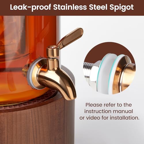 1 Gallon Glass Drink Dispenser for Parties, Beverage Dispenser with Wooden Stand, Silicone Lid and Stainless Steel Spigot, Ideal for Lemonade, Juice, Sun Tea, and Party Drinks