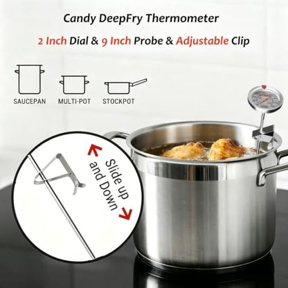 Candy & Deep Fry Thermometer with 2" Large Dial & 9" Probe – Dual Scale (100-500°F), Stainless Steel, Pot Clip, for Candy Making, Frying, Chocolate, Jam, BBQ - size: Candy DeepFry Thermometer-9''