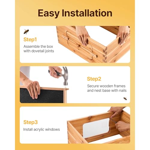 Happybuy Bee Hive 20 Frame Starter Kit - Premium Fir Wood with Beeswax Coating. Includes 1 Deep + 1 Medium Bee Boxes. Langstroth Beehive with Transparent Acrylic Windows and Foundations.