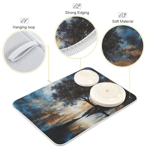 Sky Lake Tree Dish Drying Mat for Kitchen Counter Super Absorbent Draining Mat with Non-slip Backed Waterproof Sink Mats for Dish Cups Bowl Bottles Countertops Sinks Draining Racks