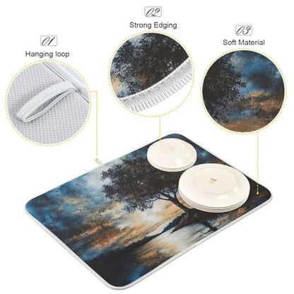 Sky Lake Tree Dish Drying Mat for Kitchen Counter Super Absorbent Draining Mat with Non-slip Backed Waterproof Sink Mats for Dish Cups Bowl Bottles Countertops Sinks Draining Racks