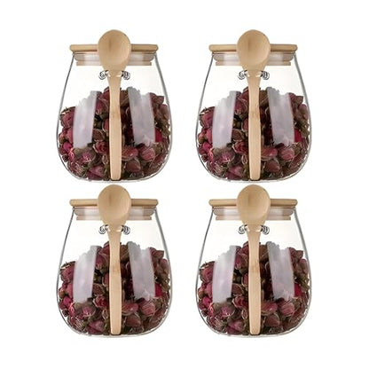 Airtight glass jar storage container with bamboo lid Set of 4, wide mouth, leak-proof, With a spoon, can be used for coffee beans, tea leaves, grains, dried fruits, etc (Middle*4pcs) - color: Middle*4pcs