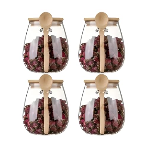 Airtight glass jar storage container with bamboo lid Set of 4, wide mouth, leak-proof, With a spoon, can be used for coffee beans, tea leaves, grains, dried fruits, etc (Middle*4pcs) - color: Middle*4pcs