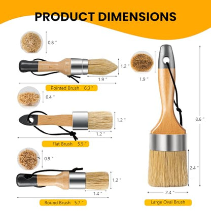 Chalk and Wax Paint Brush Furniture Set of 4, Small Round and Large Oval Brush with Natural Bristles, Perfect for Painting or Waxing Furniture, Ideal for Home Decor - size: 1 Large Oval + 3 Small Round, 4 Pack