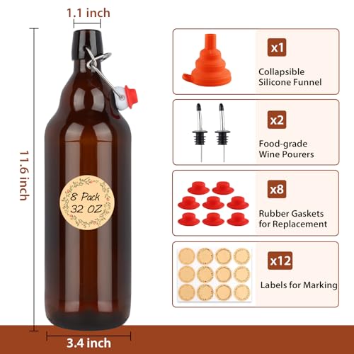 8 Pack 32oz Amber Swing Top Glass Bottles, Flip Top Brewing Bottles with Airtight Stopper for Vanilla Extract, Kombucha, Beer, Kefir, Mead