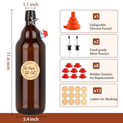 8 Pack 32oz Amber Swing Top Glass Bottles, Flip Top Brewing Bottles with Airtight Stopper for Vanilla Extract, Kombucha, Beer, Kefir, Mead