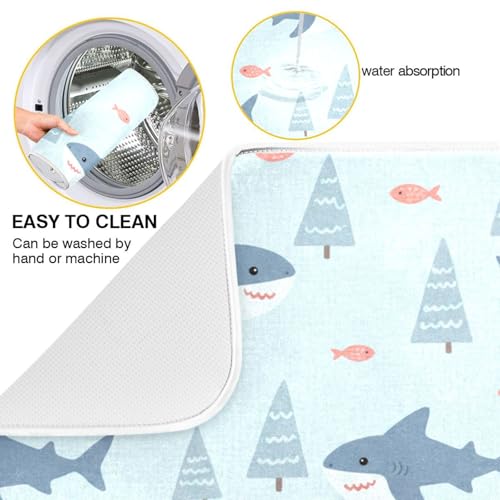 Sharks Fish Tree Blue Dish Drying Mat for Kitchen Counter Super Absorbent Draining Mat with Non-slip Backed Dishwashing Mat for Dish Bottles Cups Bowl Draining Racks Countertops Sinks