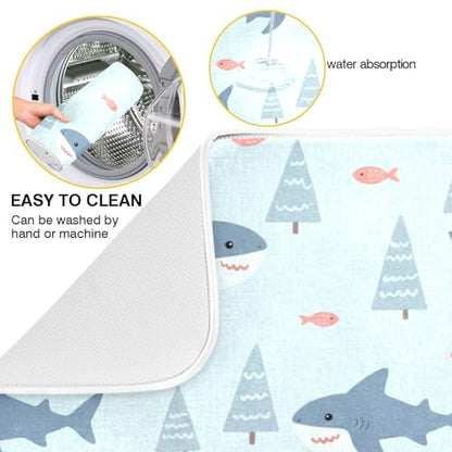 Sharks Fish Tree Blue Dish Drying Mat for Kitchen Counter Super Absorbent Draining Mat with Non-slip Backed Dishwashing Mat for Dish Bottles Cups Bowl Draining Racks Countertops Sinks