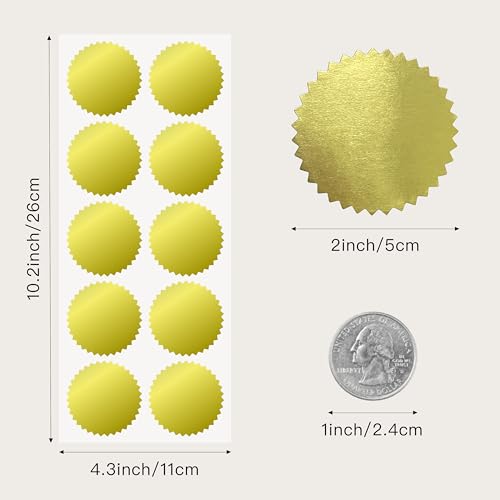 2 inch Round Gold Foil Stickers for Embossing 200 Pcs, Wmiwulien Blank Self Adhesive Notary Embosser Seal Stickers with Serrated Edge for Certificate Package, Envelope, Wafer, Awards Legal Metallic - color: Gold
