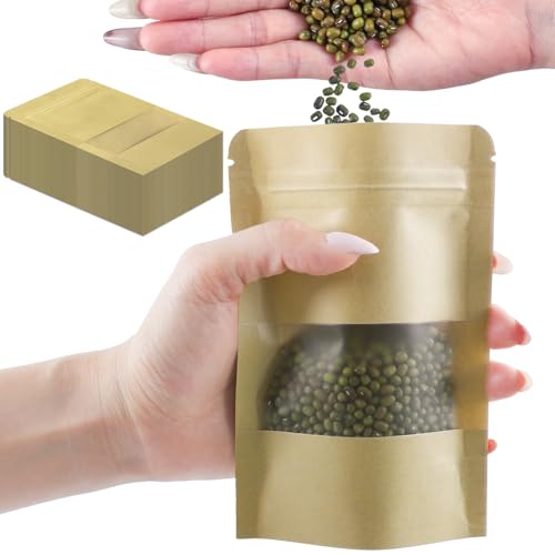 100 PCS Resealable Bags, Stand Up Kraft Paper Bags with Matte Window, Zipper Lock Food Storage Bags for Small Business and Home, 3.9x5.9 Inch Reusable Sealable Bags for Packaging - color: Yellow,3.93*5.9 inches