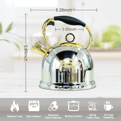 Tea Kettle for Stovetop, Food Grade Stainless Steel Water Kettle, Tea Pot for Home & Kitchen, 3.0 Qt - color: Gold
