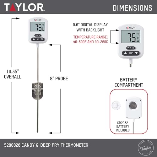Taylor Programmable Digital Candy and Deep Fry Thermometer with Green Light Alert Display, Long Stem, and Adjustable Pan Clip, White - color: White