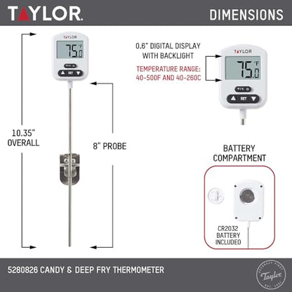 Taylor Programmable Digital Candy and Deep Fry Thermometer with Green Light Alert Display, Long Stem, and Adjustable Pan Clip, White - color: White