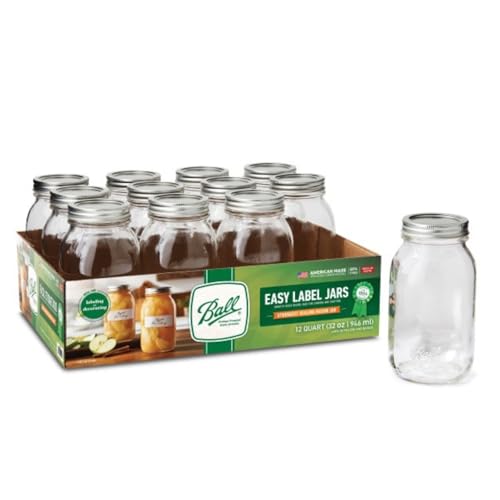 Ball Regular Mouth Easy Label Glass Mason Jars with Lids and Bands, Used for Canning, Pickling, Juice, Jam, Jelly, Quart Size 32 Ounce (Pack of 12) - size: 32 Ounce (Pack of 12)
