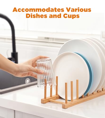 Bamboo Dish Drying Rack, 2 Pack Wooden Storage Holder Organizer for Plate/Bowl/Cup/Book/Pot/Lid/Cutting Board Drying Rack Stand Holder